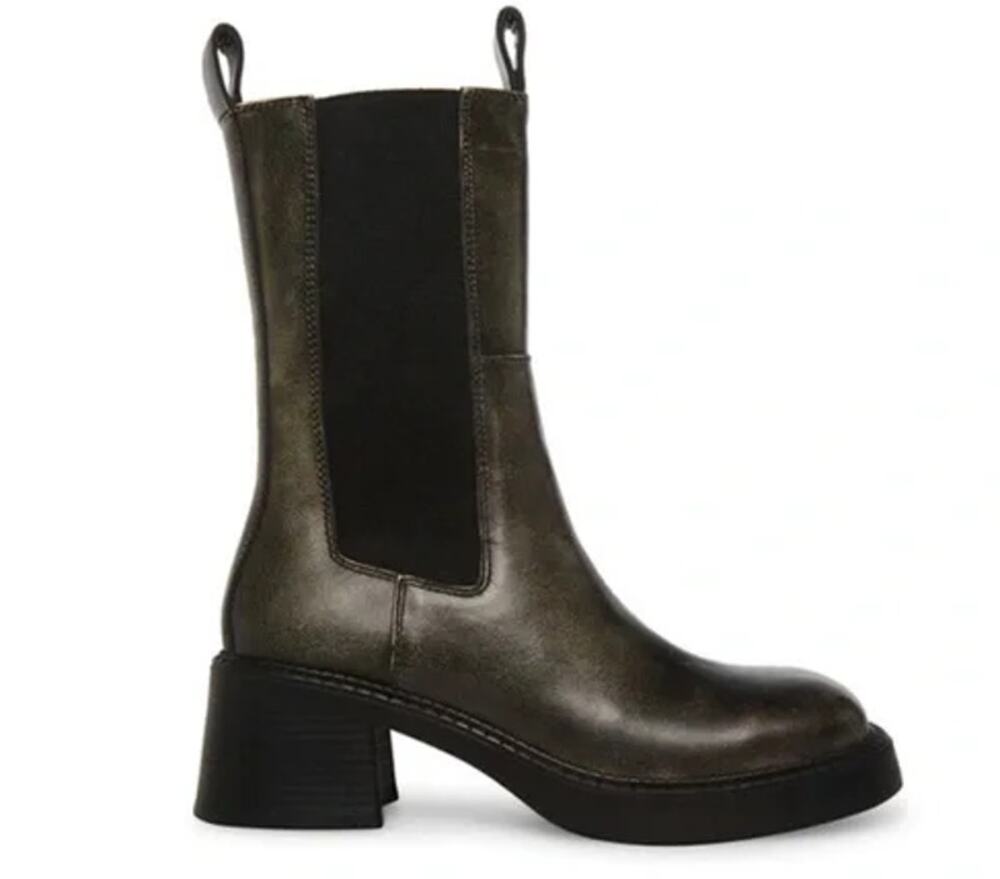 Steve Madden Maren Leather Mid-Calf Chelsea Boots Block Low Heel Dark Gray